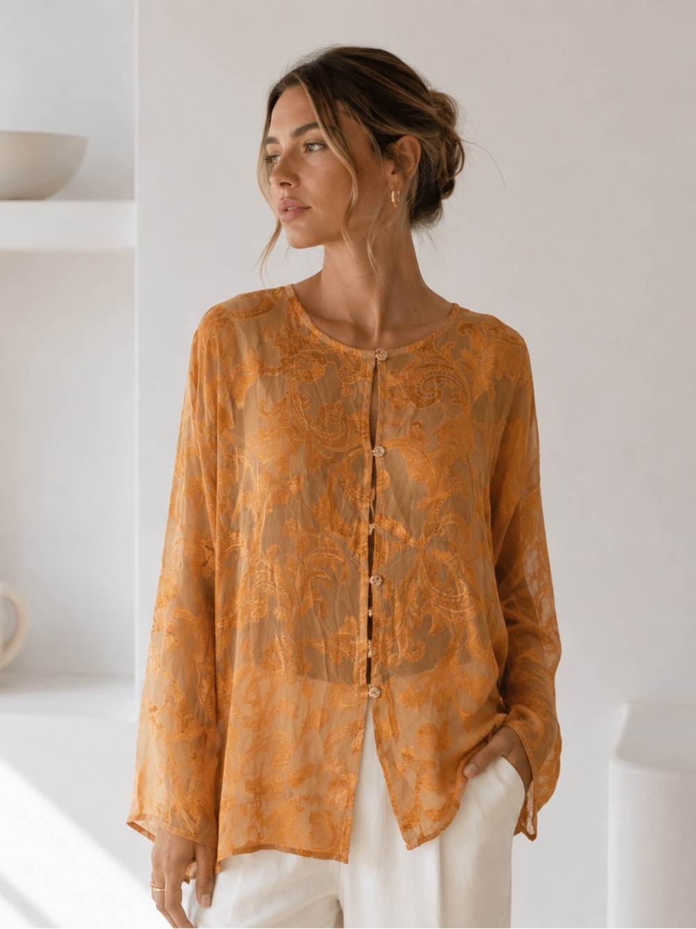 Citron sz L Vintage Elegant Orange Women's silk Top